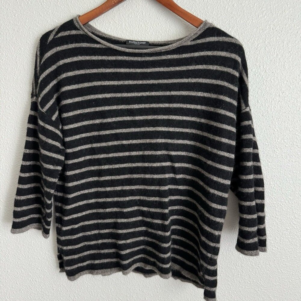 Eileen Fisher Small Black & Gray Striped Sweater with 3/4 Sleeves Boatneck